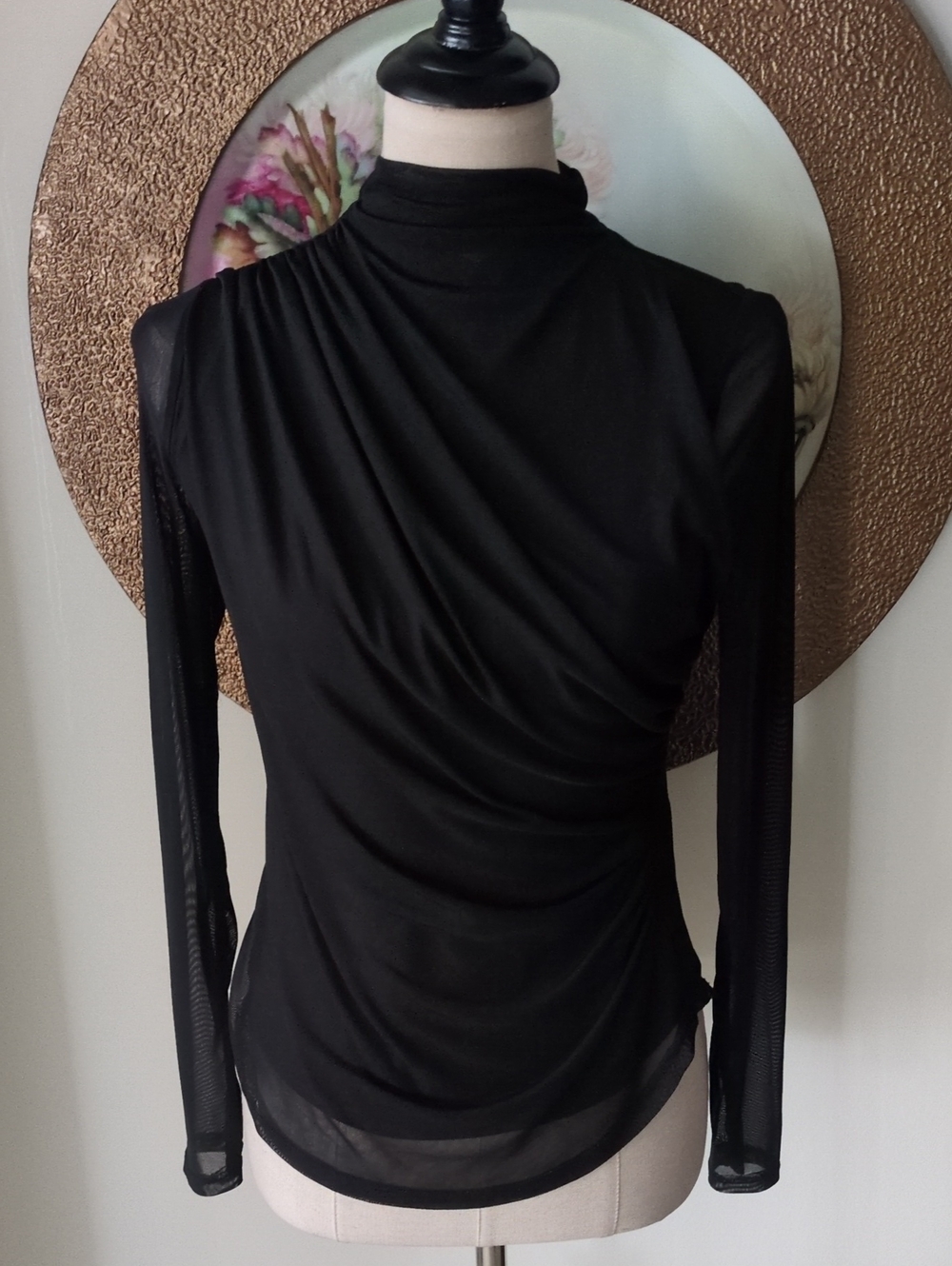 Cable & Gauge Black Long-Sleeve Mesh Mock Neck Top